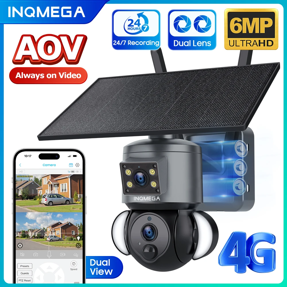 INQMEGA 6MP Dual Lens AOV Solar PTZ Camera 24/7 Recording Floodlight PIR Tracking Color Night 2-Way Audio IP65 Waterproof