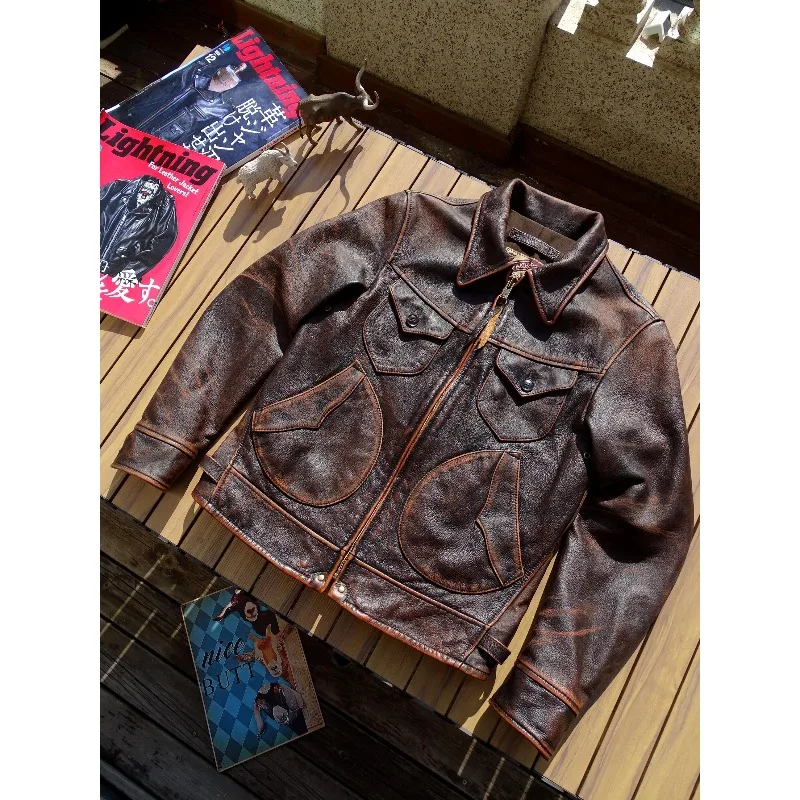 Vintage American Workwear Genuine Cowhide Leather Jacket Stone Washed Distressed Abrasion Motorcycle Riding Protective Coat