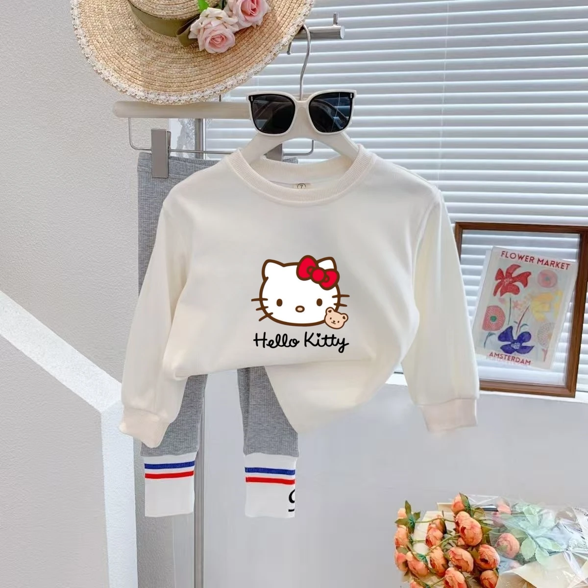 

Autumn Baby Girls Solid Cotton Clothes Set Kid Sanrio Hello Kitty Printed Sweatshirts Top and Knitted Legging Pants 2 Piece Suit