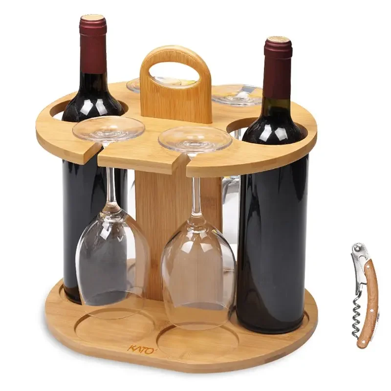 

Wine 2 Bottle Holder & 4 Glass Rack, Wine Glass Hanging Drying Stand Organizer on Countertop Tabletop with Free Corkscrew, Bambo