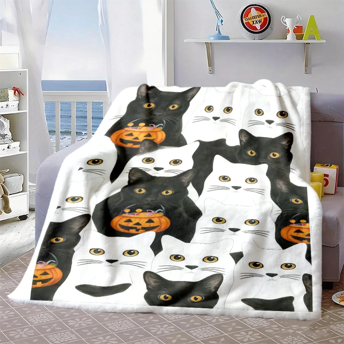 Cute Halloween Cat Flannel Blanket Black White Cats With Pumpkin Bucket Print Cozy Throw Blanket for Bed Couch Party Use