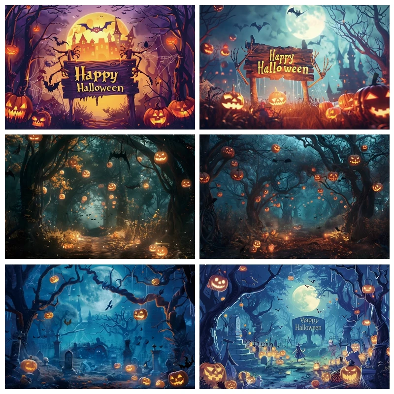 

Halloween Photography Backdrop Horror Night Full Moon Forest Castle Pumpkin Bat Ghost Cemetery Halloween Party Decor Backgrounds