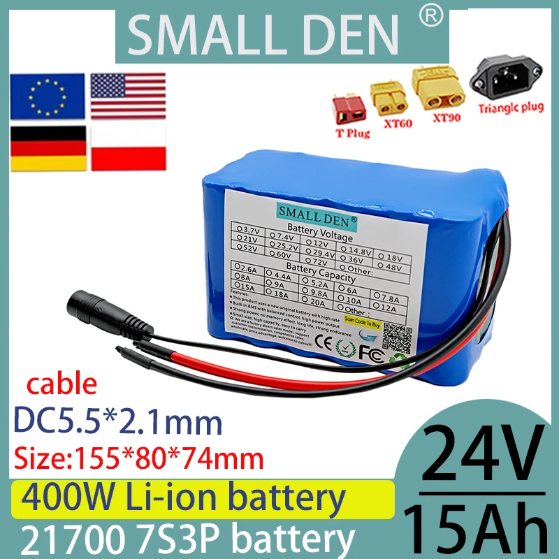 

21700 24V 15ah lithium battery pack rechargeable 7S3P 400W 15000mah built-in BMS motor high-power i rechargeable battery