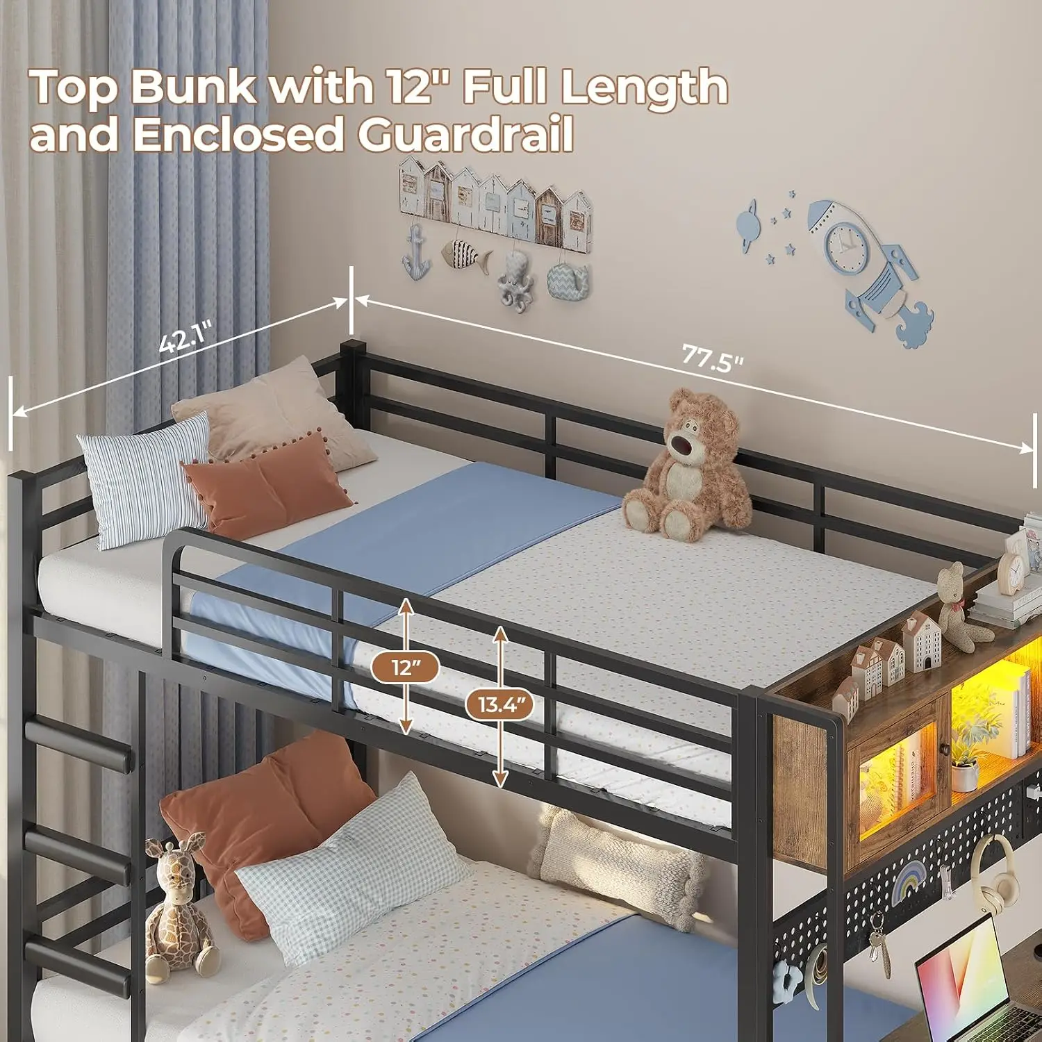 Bunk Bed Twin Over Twin with Gaming Desk,Rustic Brown | Bunk Beds with LED Light & Charging Station & Storage, Customized image 5