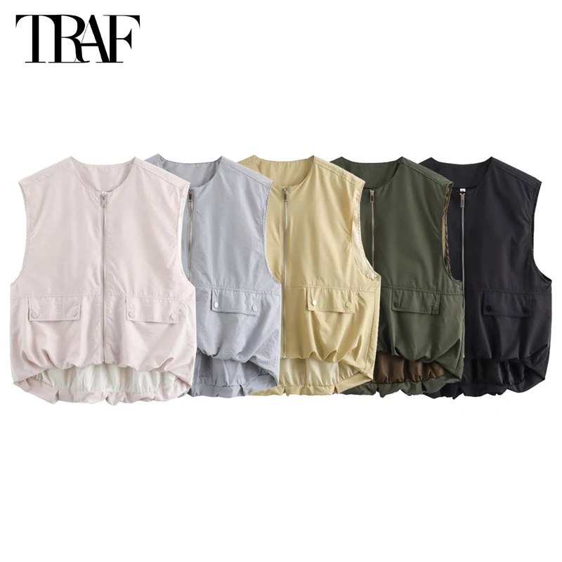 TRAF Ruched Cropped Vests for Women Oversized Sleeveless Vest Woman Zip Summer Women\'s Tailored Vest Streetwear Women\'s Jackets