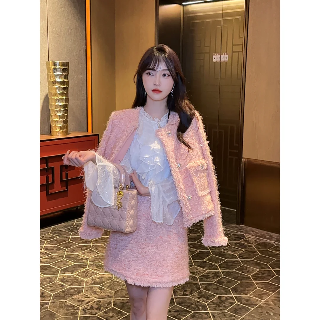 In Stock: Women's Winter Elegant Tweed Set, Celebrity-style Thick Woven Wool Mini Skirt, Pink Two-piece Outfit Female Lady Set