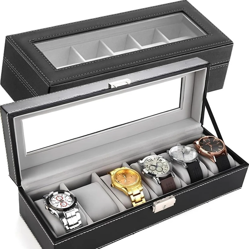 

Классический футляр для хранения часов и украшений из искусственной кожи на 2/3/6 отделений с прозрачной крышкой