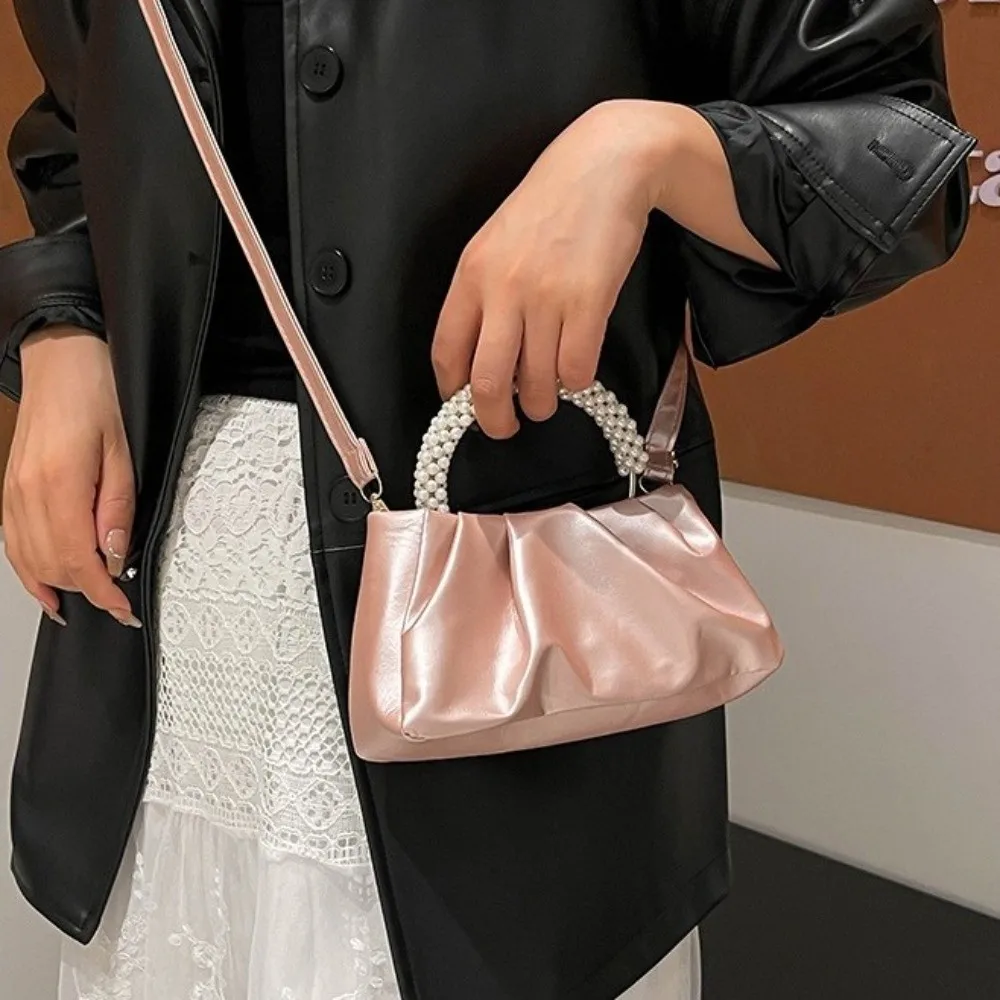 

All-match Solid Color Cloud Bag Square Imitation Pearl Women Shoulder Bag Wrinkled Portable Pearl Handbag Travel
