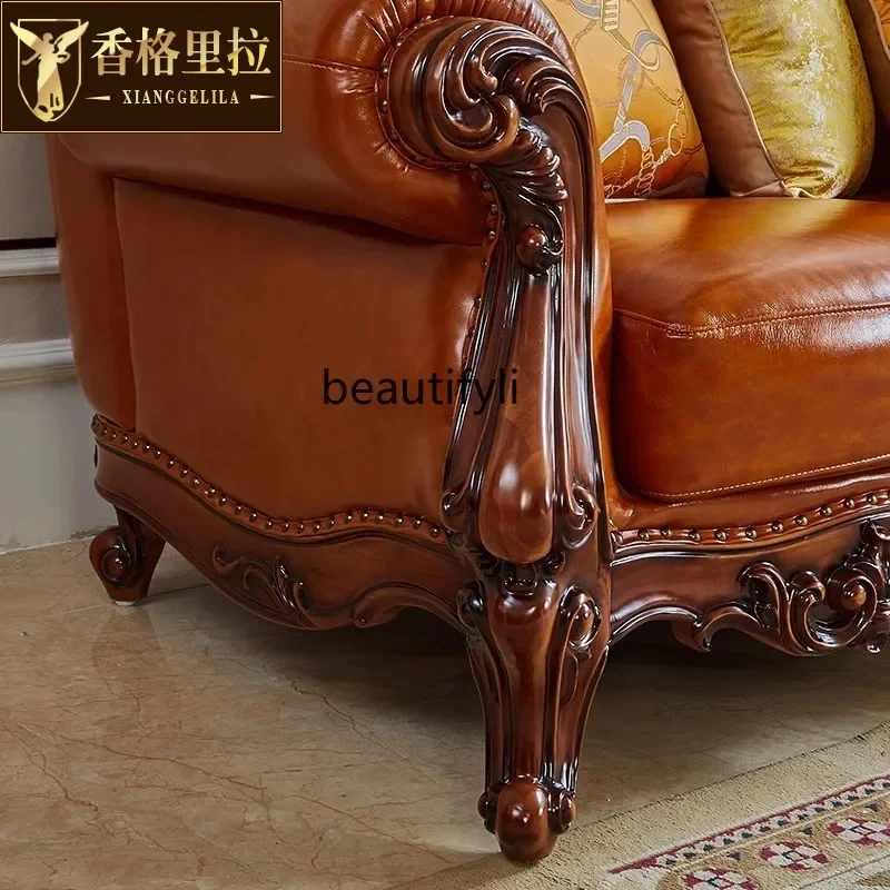 Leather sofa American retro solid wood carving flower living room luxury combination dark sofa