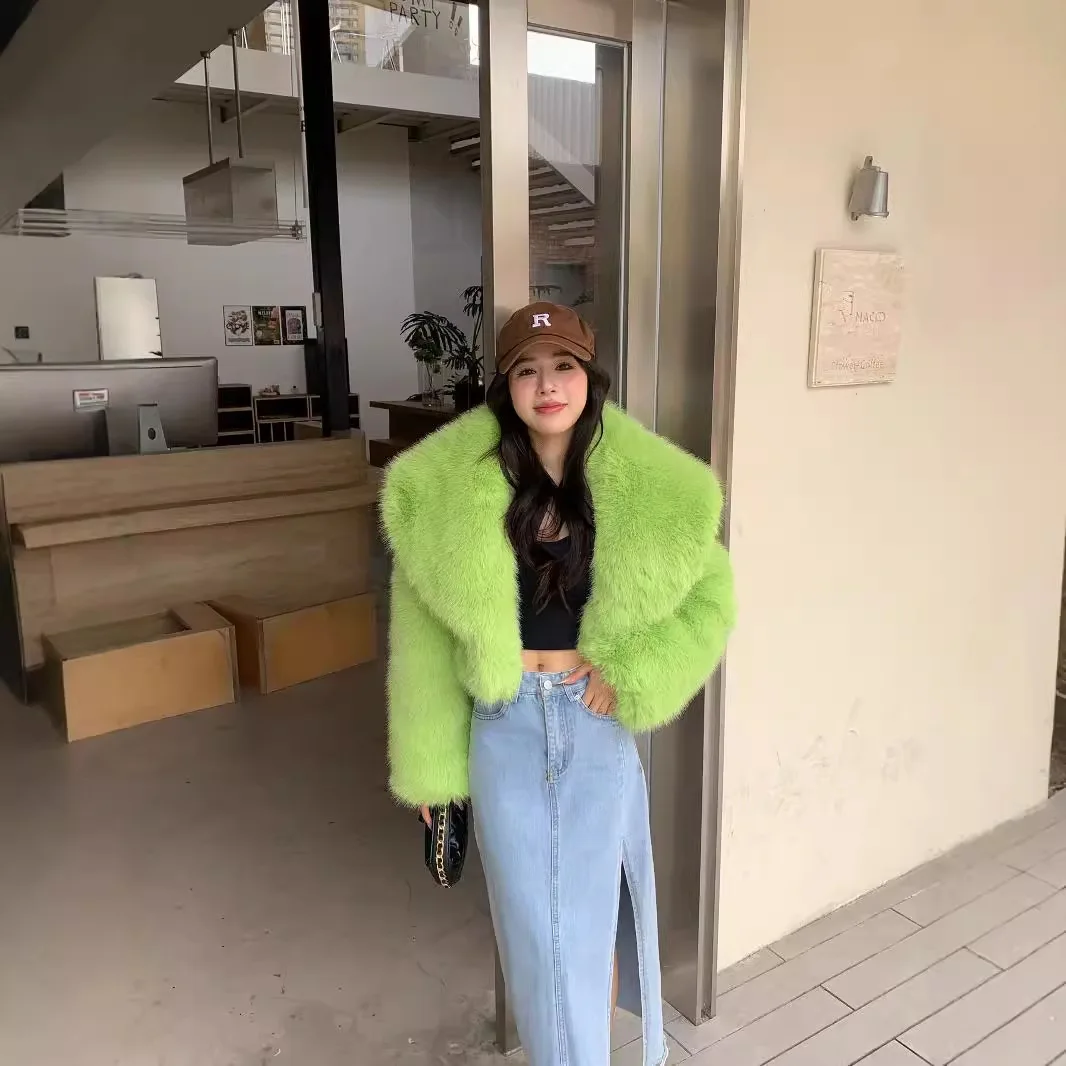 Fluorescent Green Environmentally Friendly Fox Fur Jacket Women Short Korean Fluffy Fur Warm Jacket for Women