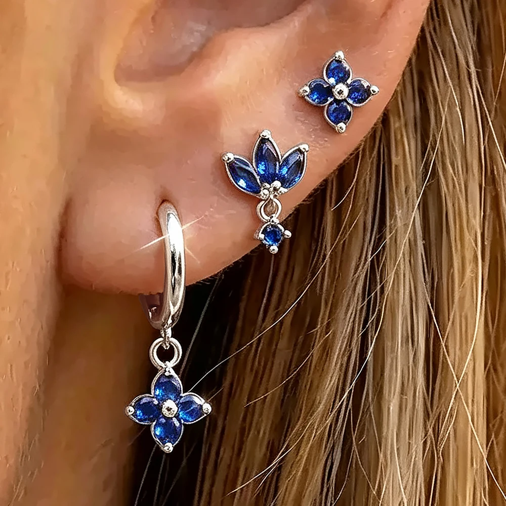 3PCS/6PCS Fashion Gold Plated Dark Blue CZ Flowers Helix Stud Earring Set for Women Four-Leaf Clover Drop Earring Jewelry Gifts