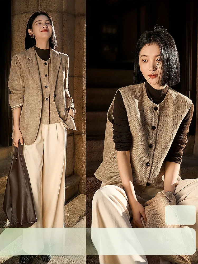 

XiaoHanGe Breathable Linen Suit Vest Set Fre Sle No Str Year round een Stand Fit Women's Commute Wear Long Sve
