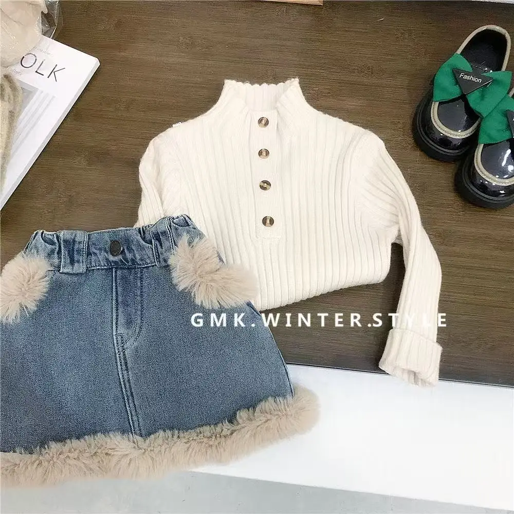 

Girls Autumn and Winter Clothing 2025 New Denim Suit Fashion Skirt Children Thickened Warm Jacket Half-body Skirt Two-piece Set