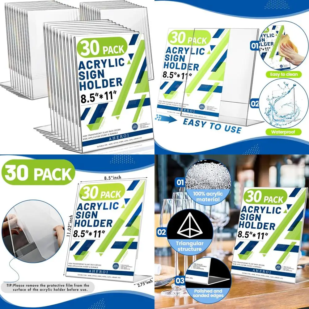 

Clear Acrylic 8.5 x 11 Inch Sign Holders - 30 Pack Standing Paper Holders for Documents and Display