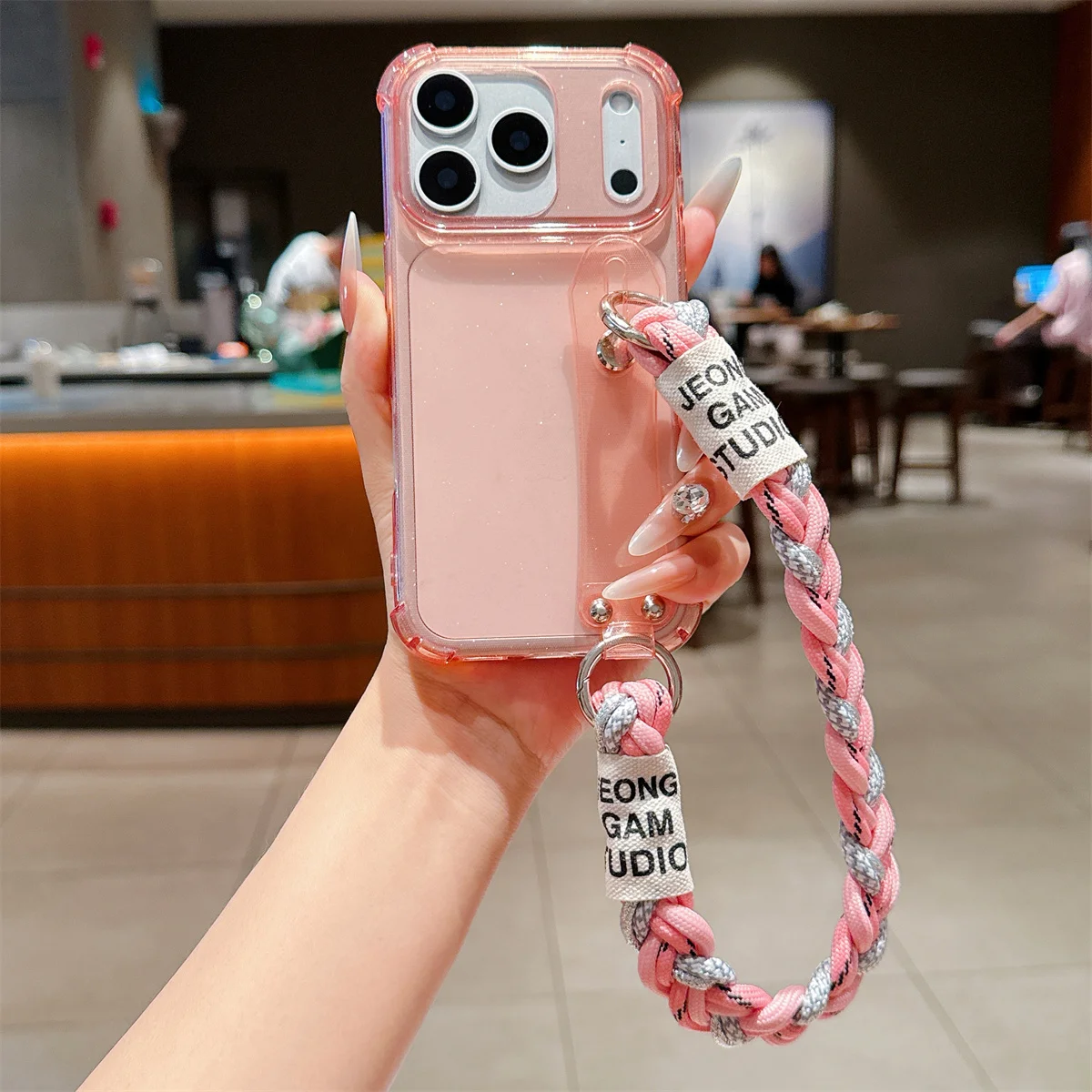 Weiche, transparente Glitzer-Handgelenkschlaufe aus Silikon für iPhone 17 16 15 Plus 14 13 12 Pro Max X XR XS Clear Kickstand Cover