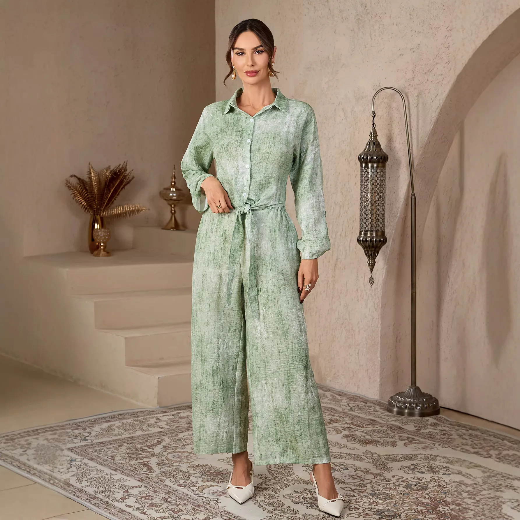 

Eid 2 Piece Sets Women Tie Dry Turn Down Collar Shirt Lace Up Wide Leg Pants Suit Ramadan Ensemble Muslim Trousers Outfits 2026