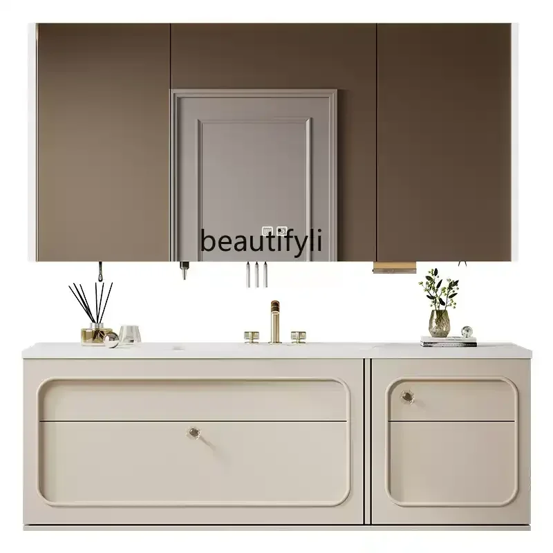 French cream wind rock slab hot bending integrated basin bathroom cabinet combination toilet washbasin cabinet