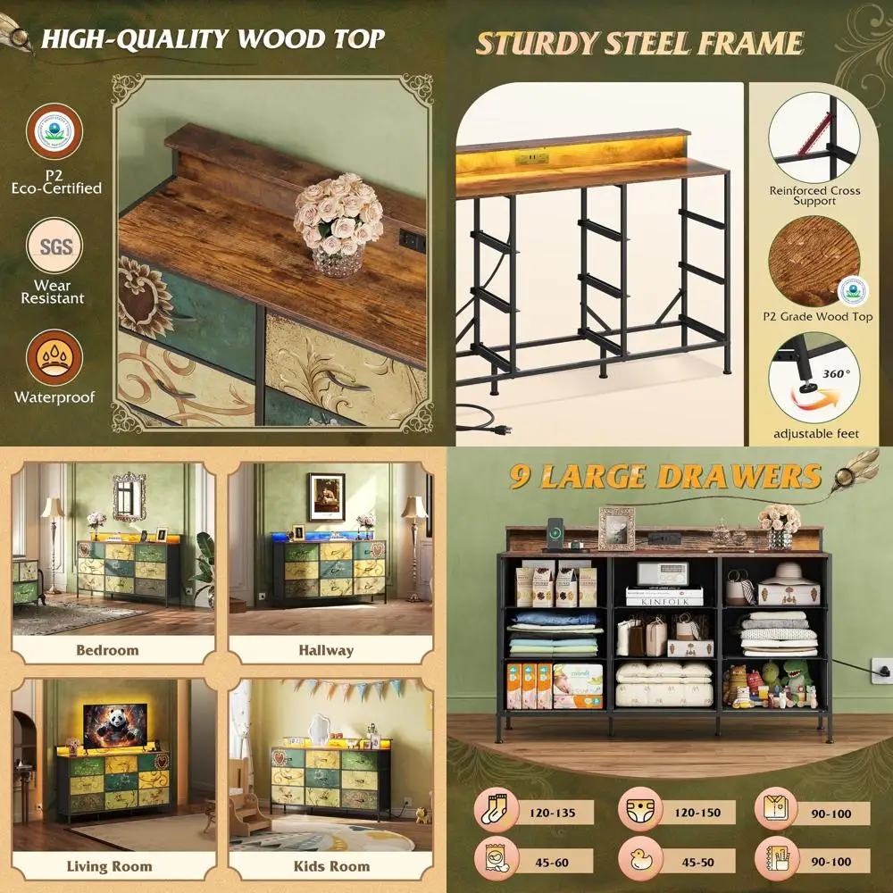 LED-lit Entertainment Center for 45-55 Inch TVs with Charging Station and Fabric Drawers, Ideal for Living Spaces