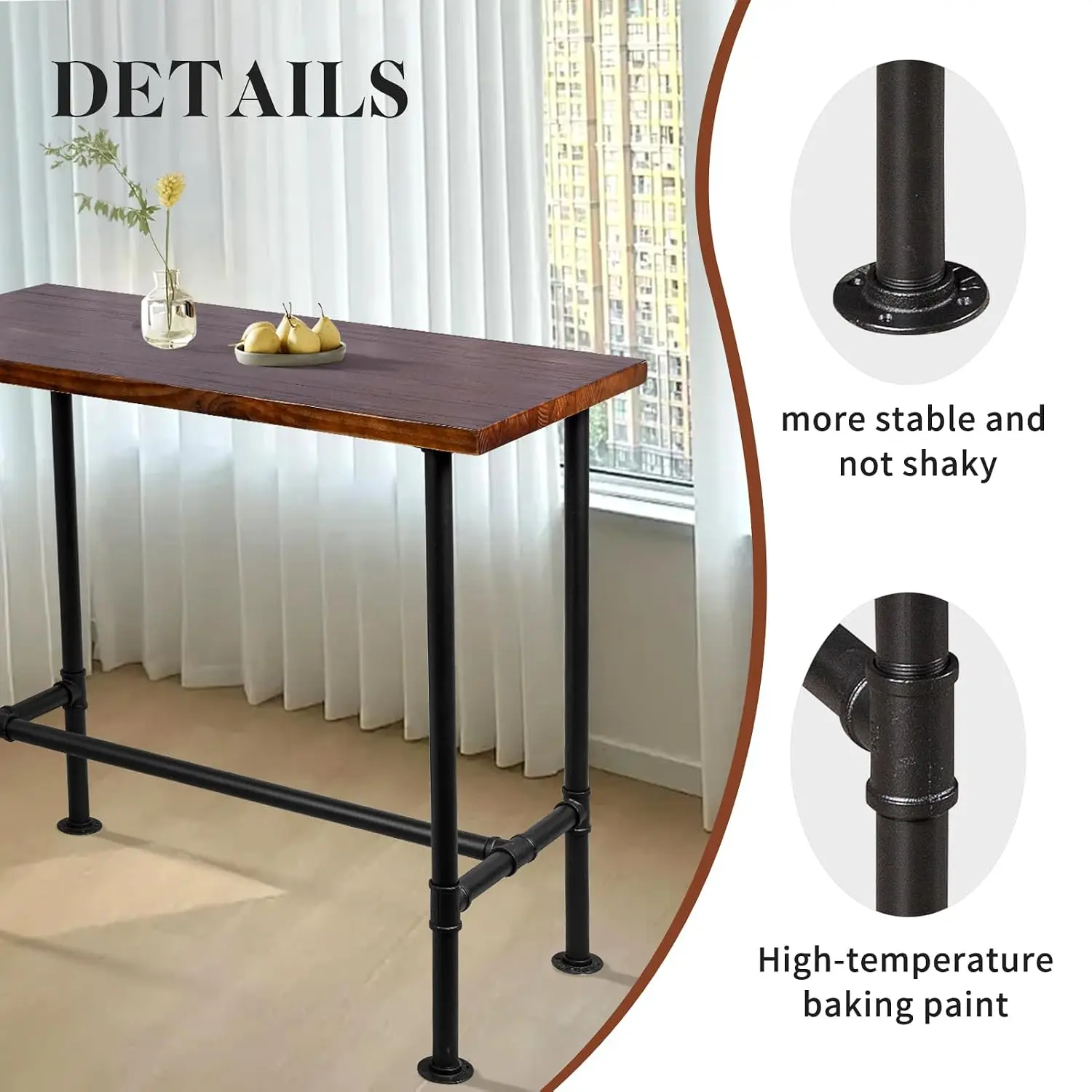 Industrial Bar Table & Stool Set 5-Piece Pipe Dining Pub Counter Height Adjustable Backrest Black, Customized - view 4