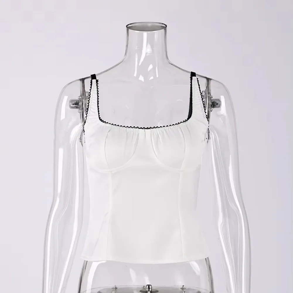 Y2k Style Square Collar Satin Strap Vest Lace Trim Backless Sleeveless Top Silk Corset Top Female