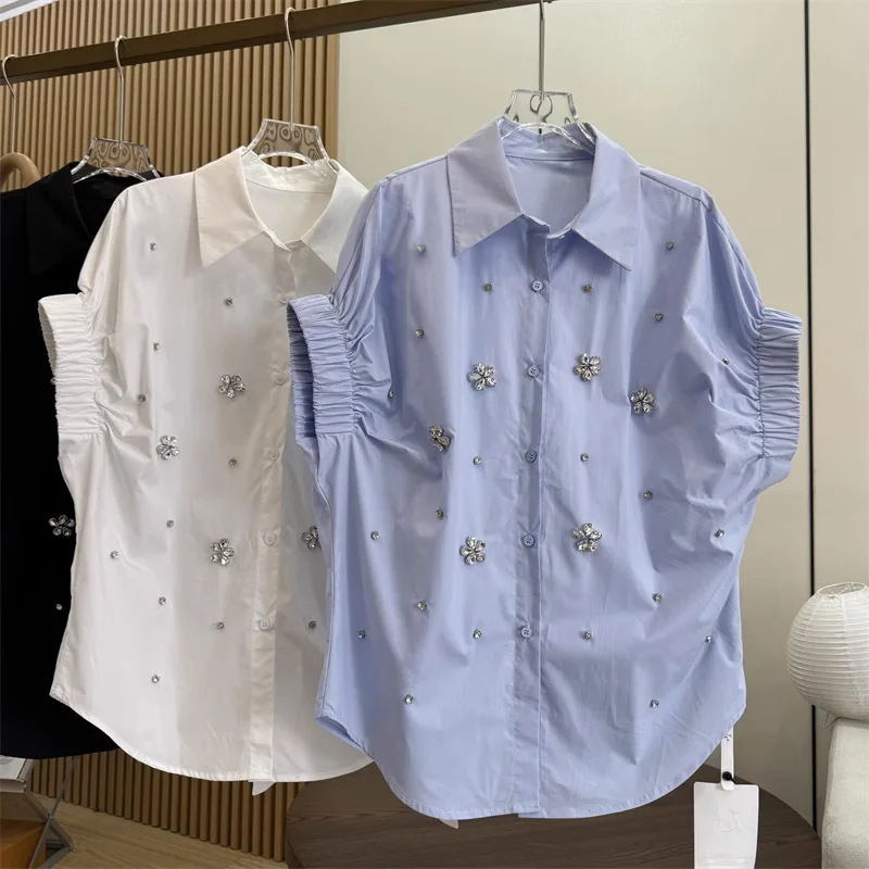 

Beaded Embroidered Lapel Collar Loose Commuter Versatile 3D Ornament Casual Temperament Shirt Short Sleeve Ins Chic Top