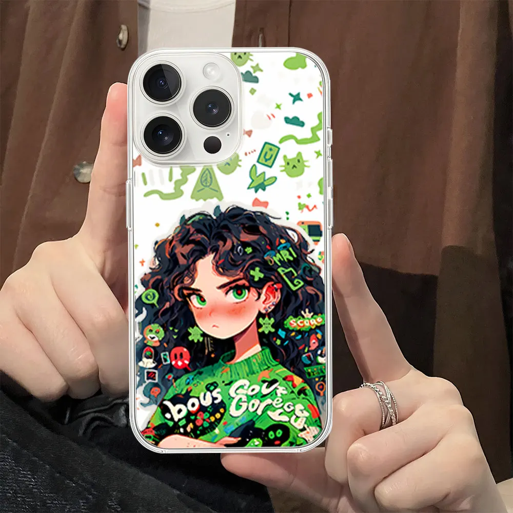 Fashion Green Hair Couple Phone Case for iPhone 11 12 13 14 15 16 Max Pro Plus Transparent Soft Shell image 3