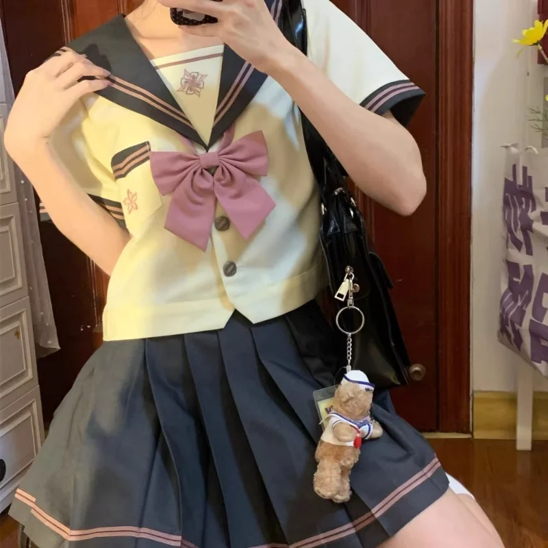 Japanese JK Uniform Sailor Collar Preppy Style Original Grey White Color Matching Long And Short Sleeves Top Skirt Set For Women