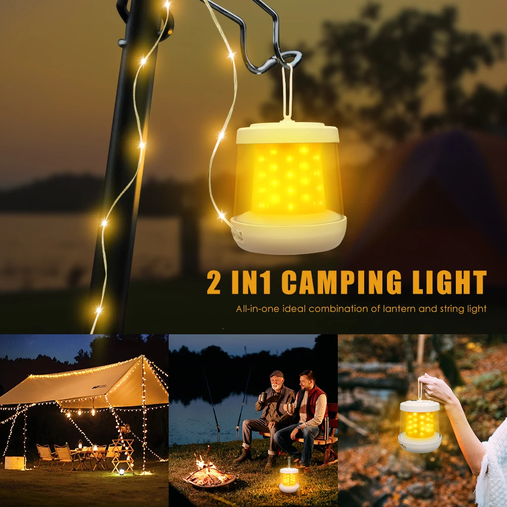 UniqueFire แบบพกพา 2 ใน 1 Outdoor Camping String ไฟ Type-C ชาร์จ 3 โหมดสําหรับเดินป่าเต็นท์ปาร์ตี้เทศกาลตกแต่ง