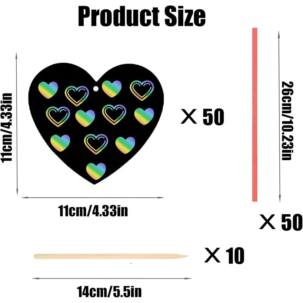50 rainbow scratch paper, 10 wooden scratch paper sticks and 50 red heart-shaped scratch paper cards