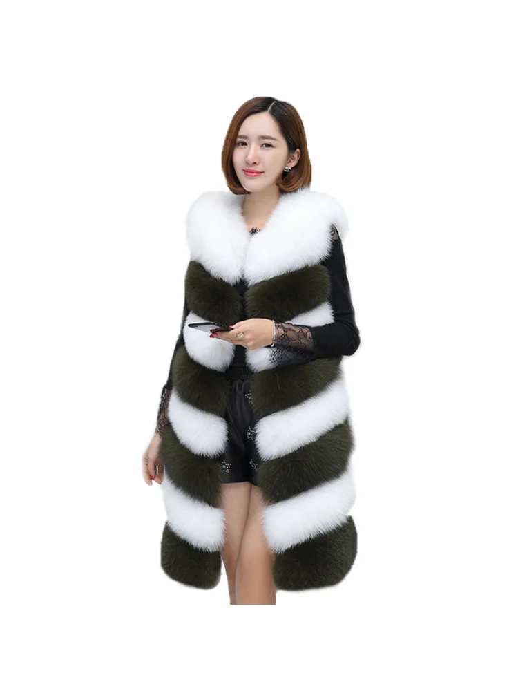 Retro Fashion Minimalist White Gray Splice Faux Fur Long Vest Fluffy Plush Sweet Comfortable Smooth Winter Commuting  Outerwear