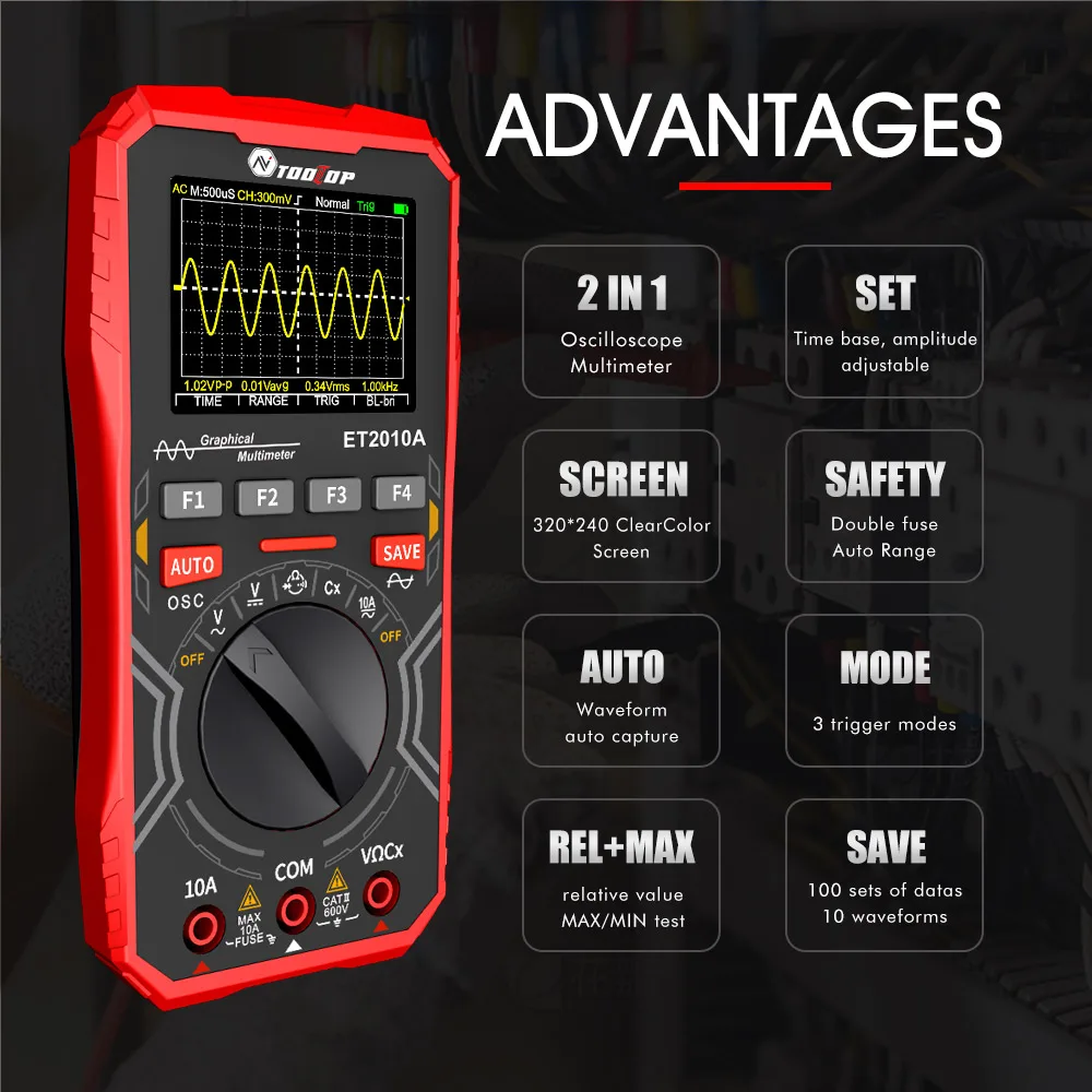 TOOLTOP ET2010A Digital Oscilloscope Multimeter 1Mhz 2.5MSps Color Handheld Oscilloscope AUTO Waveform Electronic DIY Tools