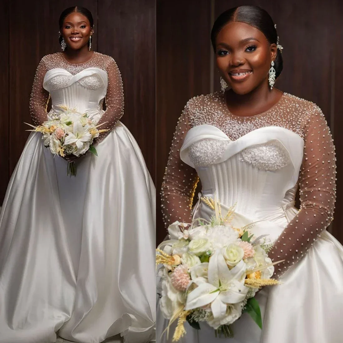 

Customized Beautiful Shinny Beads Wedding Dress With Detachable Train Vestidos De Novia Long Sleeves Satin Bridal Gown