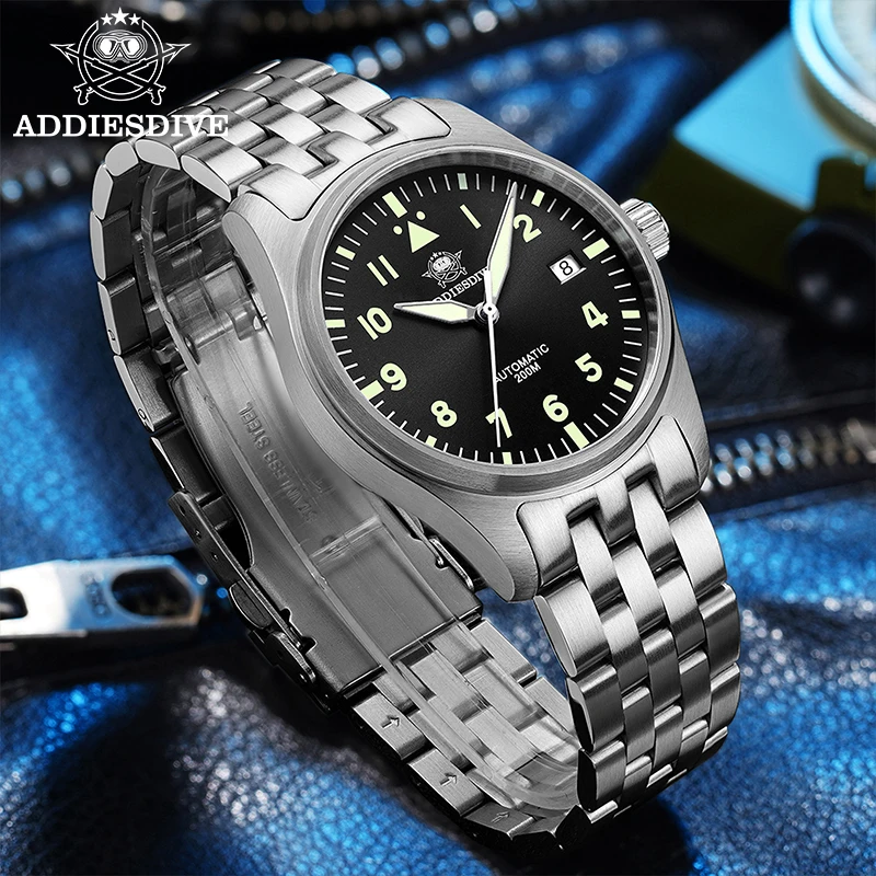 Addiesdive ساعة رجالي رياضية أوتوماتيكية ميكانيكية ساعة اليد الغوص 200 متر مقاوم للماء سوبر مضيئة الياقوت كريستال الساعات AD2519