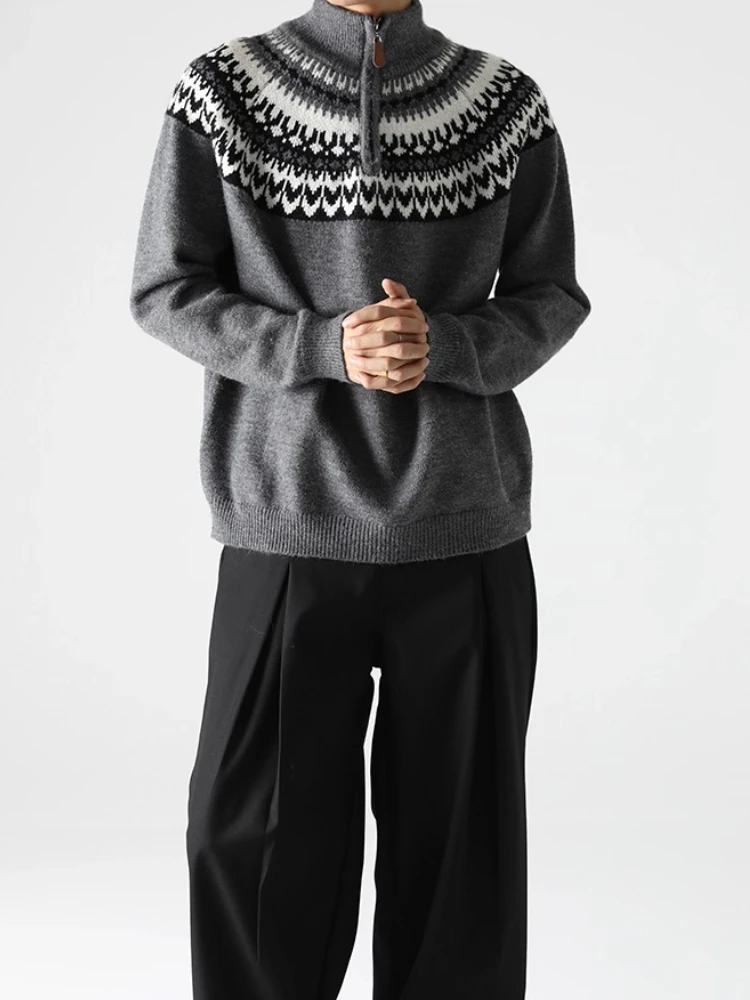 Men Winter American Retro Fair Isle Half-Zip Sweater Geometric Jacquard Mock Neck Knit Oversized Couple Snowflake Pullovers