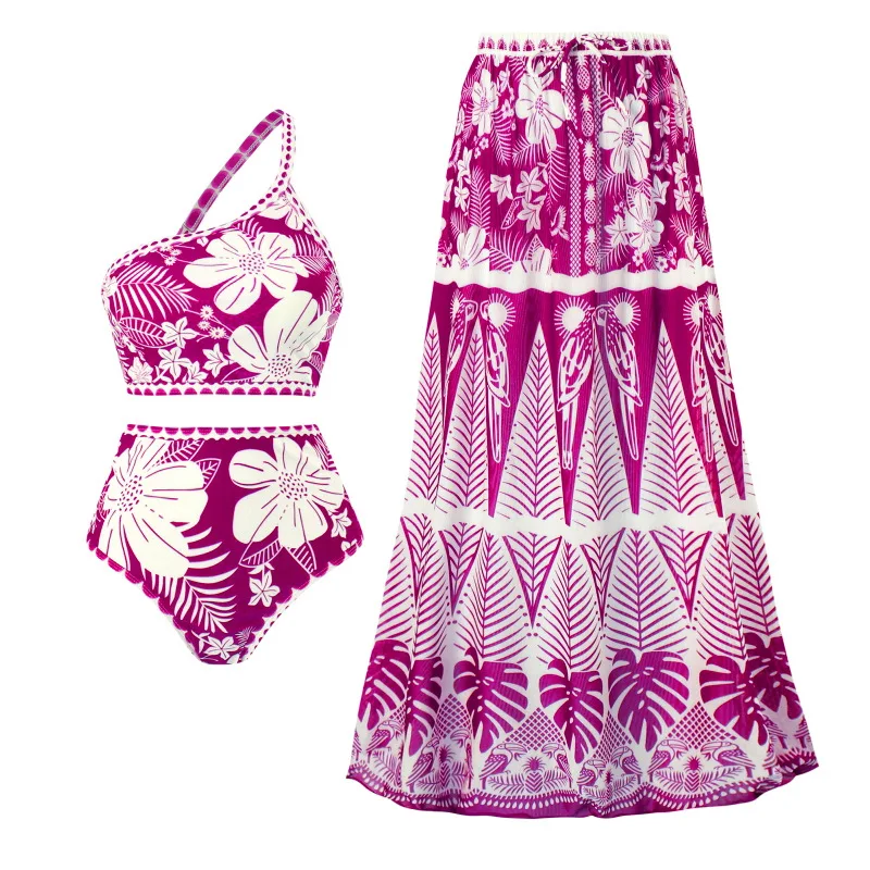 swimsuit  French retro split three-piece bikini swimsuit women European and American sexy one-shoulder mesh skirt swimsuit set