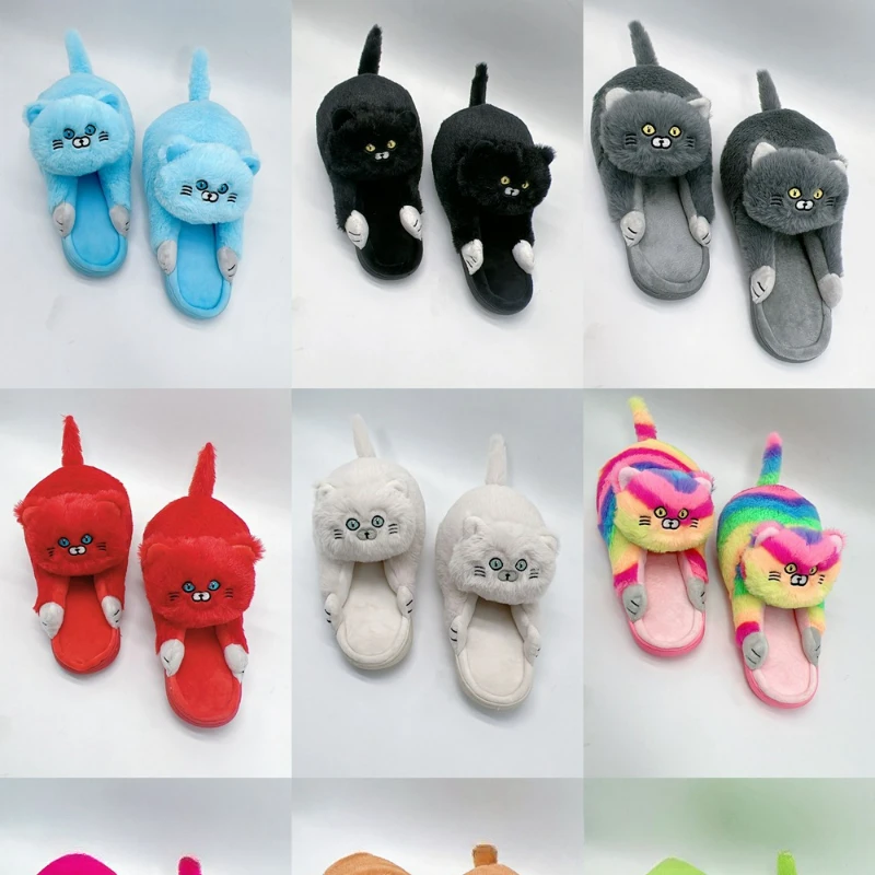 Cuddly Hug Cat Slippers Women Men Winter Home Slides Kawaii Floor Shoes Furry Slippers Girl White Mules Funny Cute Gift Slippers