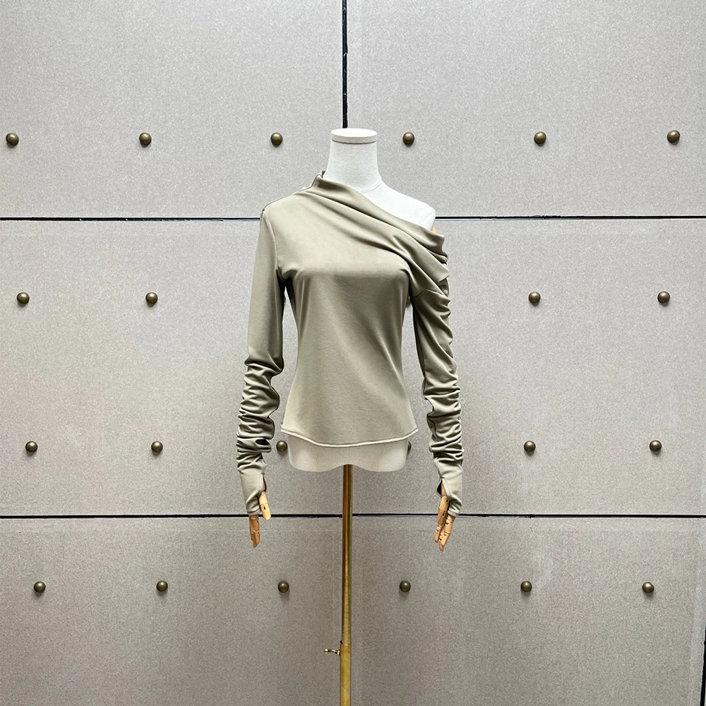 Ladies Asymmetrical One Shoulder Long Sleeve Top Ruched Sleeve Slim Fitted T-shirt Solid Black Khaki Fashion Blouse