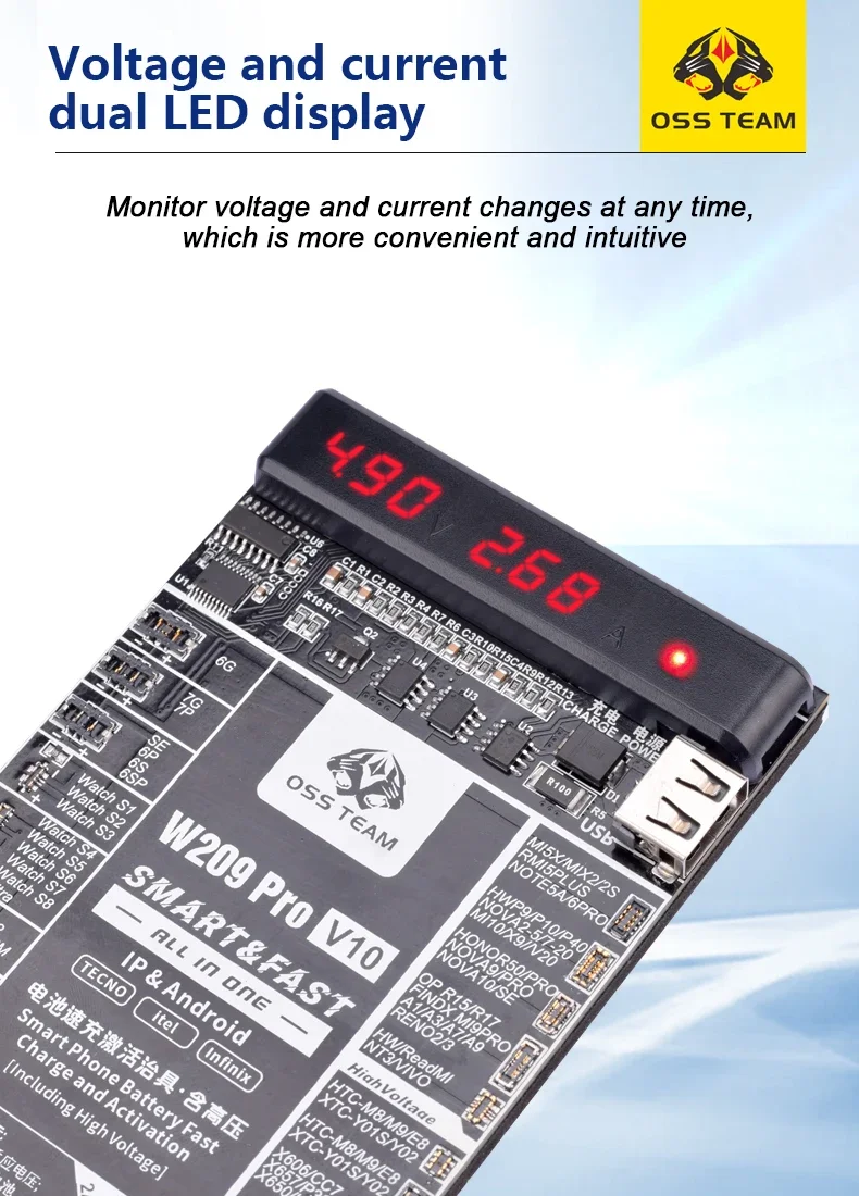 OSS W209 Pro V10 Phone Battery Fast Charge Activation 2in1 Tool for iPhone X-16PM Xiaomi SAM Circuit Board Charging Tester