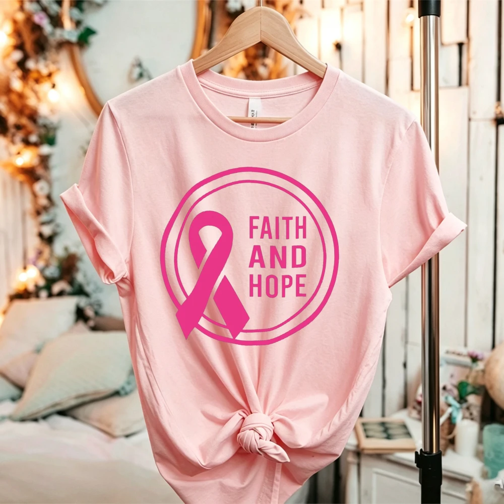 Faith and Hope Pink Ribbon Circle T Shirt Women Breast Cancer Awareness Short Sleeve Crew Neck Casual Cotton Graphic Tee Tops