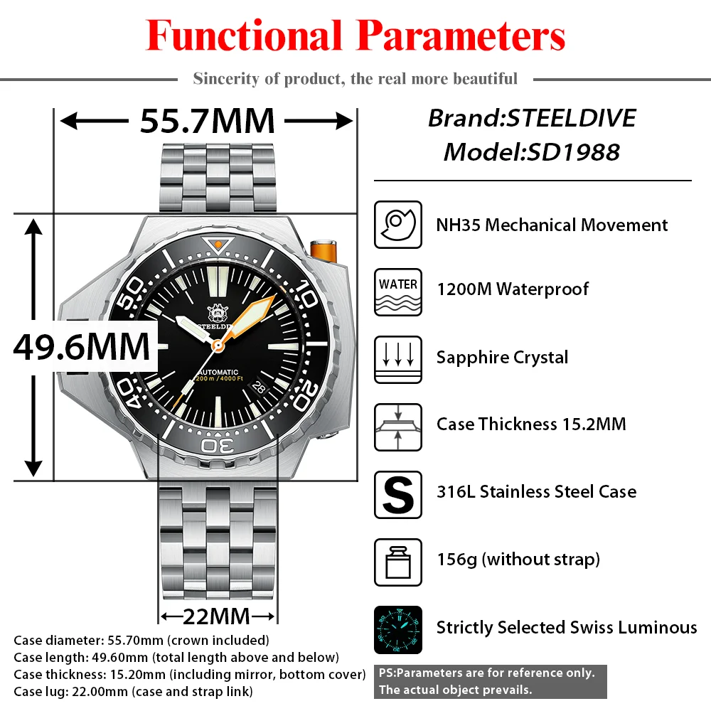 STEELDIVE SD1988 Big Deep Dive Watch Sapphire Crystal 1200M Waterproof NH35 Movement Swiss Luminous Luxury Mechanical Wristwatch