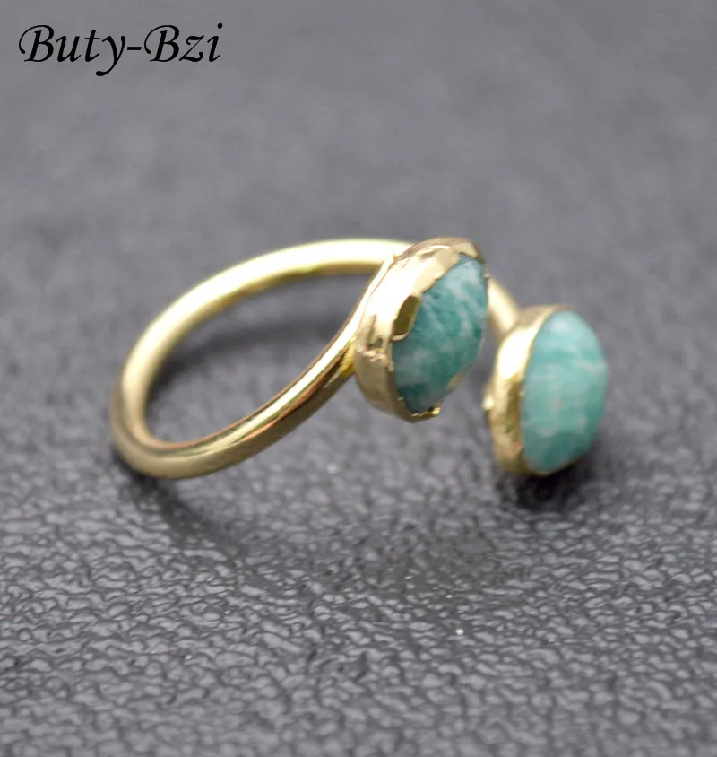 Buty-Bzi Double Gemstones Faceted Natural Green Amazonite Water Drop Shape Rings Circle Size Adjustable Party Jewelry Gift