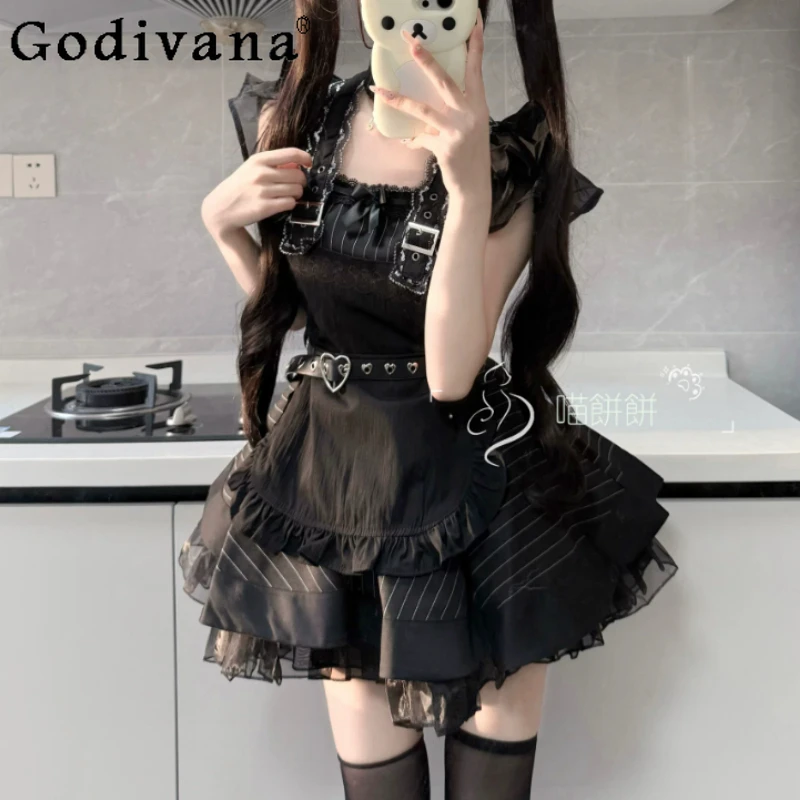Neues Vintage Subkultur Dienstmädchen Niedliches Mädchen Schwarzes Lolita-Kleid Mode Hochgeschnittenes A-Linien-Kleid Vielseitig Verjüngend Japanische Kleider