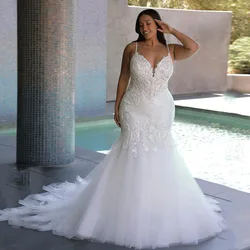 Robes de mariée trompent à bretelles spaghetti pour femmes, robe de mariée trompent, appliques en dentelle, train de balayage, grande taille, tulle, col en V, robe éducative, PSL980018