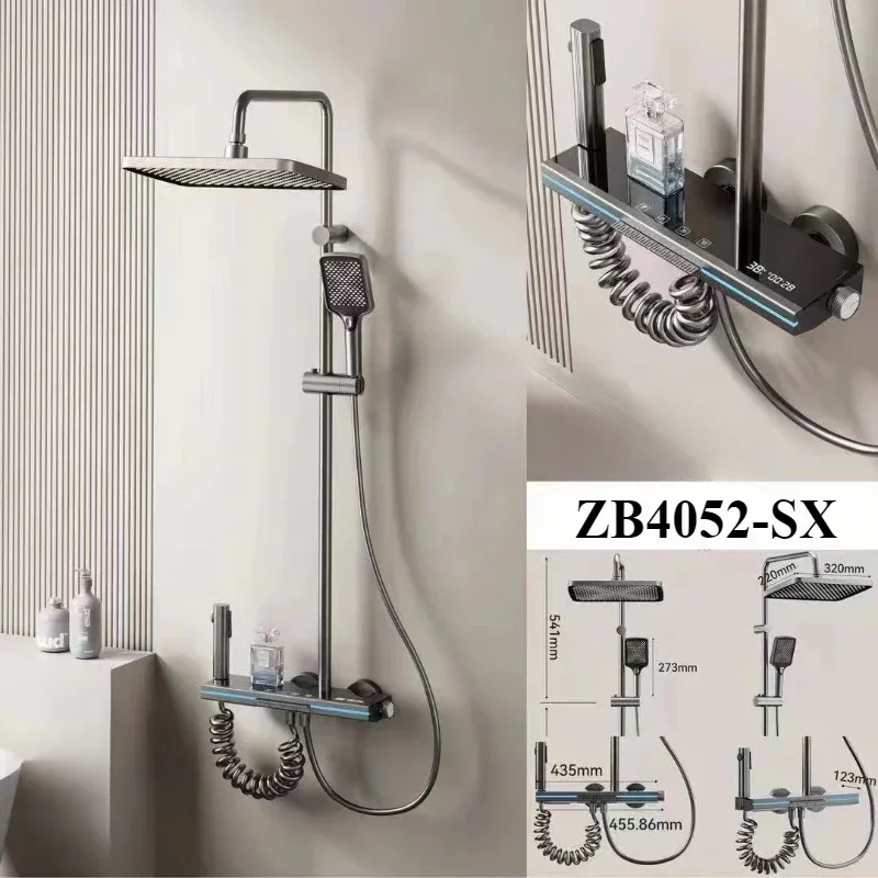 

Intelligent Digital Display Luxury Shower System Wall Mounted 4 Ways Water Outlet Rainlfall Shower Faucet Set for Bathroom