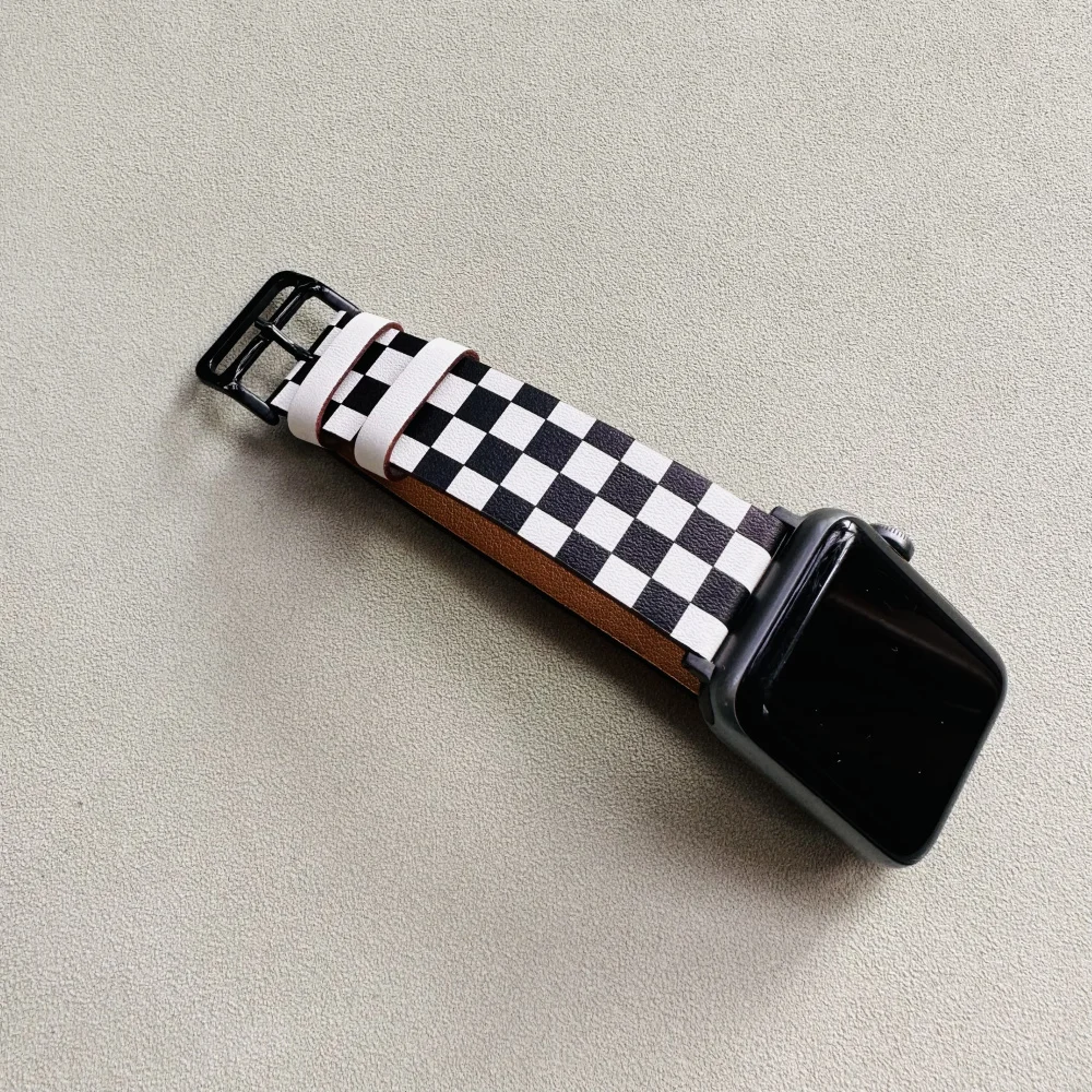 Checkerboard Grid Style Leather Strap For Apple Watch 38mm 40mm 42mm 44mm 41mm 45mm 49mm iWatch Band Series 3 4 5 6 7 8 SE Ultra