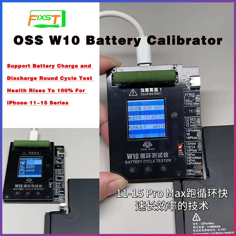 

Newest OSS W10 Battery Calibrator Support Battery Charge and Discharge Round Cycle Test Health Rises To 100% For iP 11-15 Series