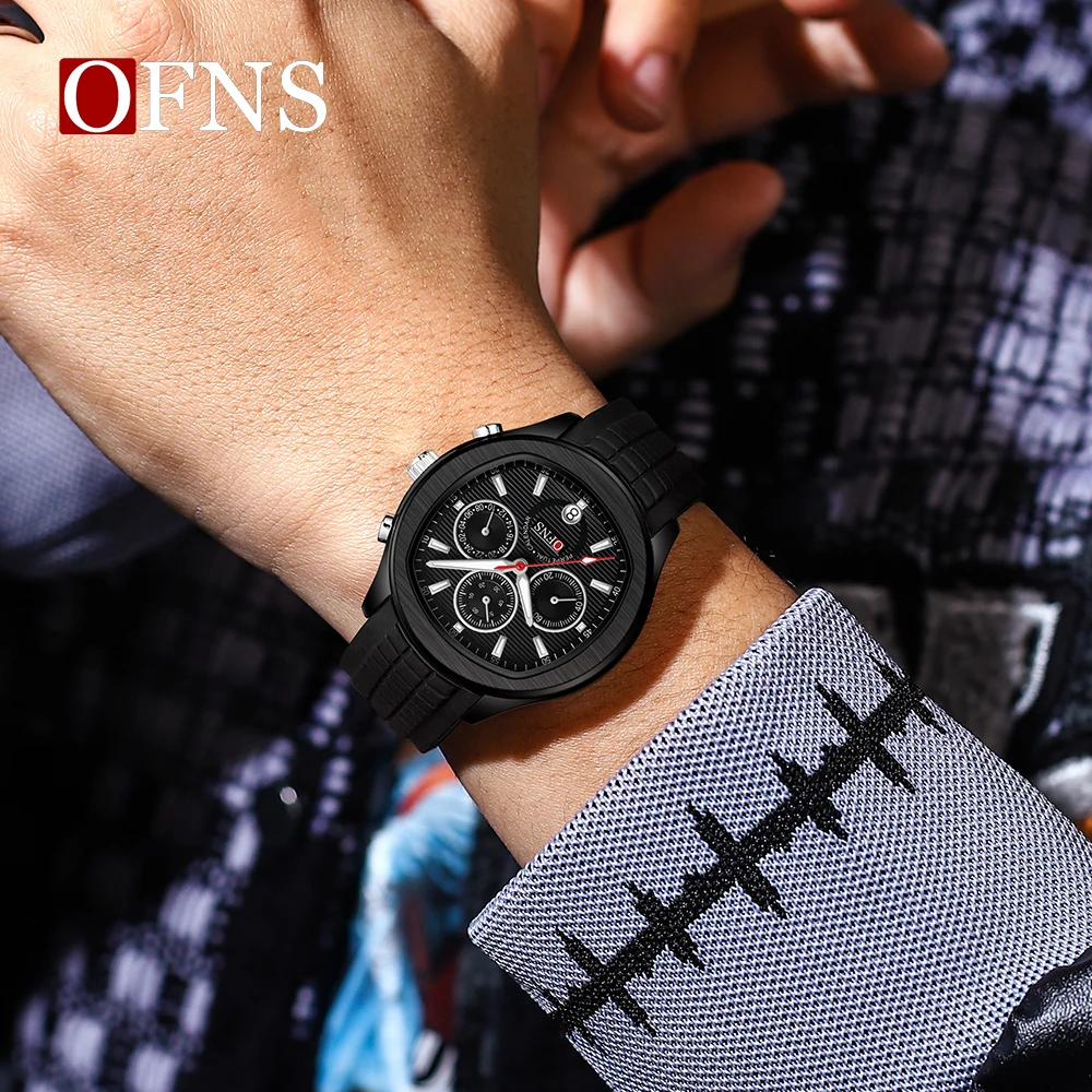 

OFNS 8019 Мужские часы-календарь Высокое качество Водонепроницаемый хронограф Мужские наручные часы 2024 Силиконовые мужские кварцевые часы Повседневные часы