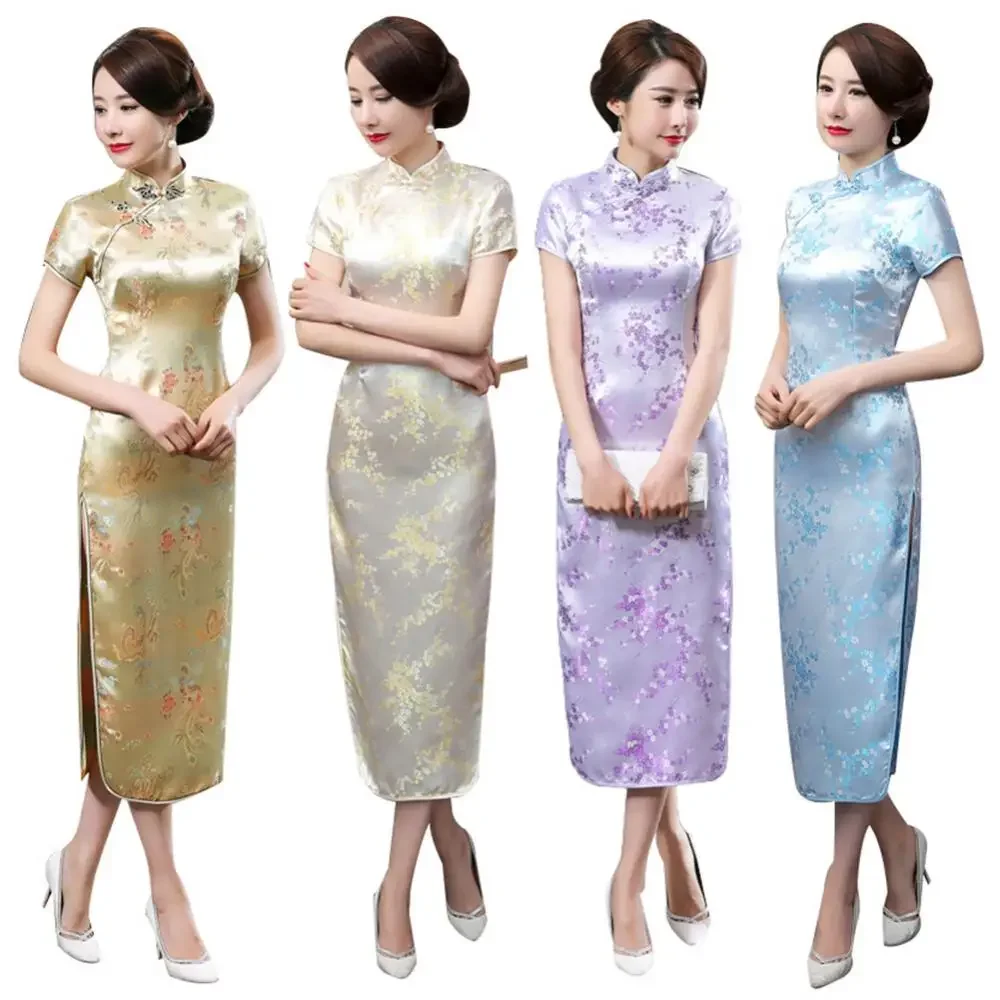 

hinese Qipao Cheongsam Dragon Phoenix Print Chinese Traditional Dress Cheongsam Side Slitting Hem Midi Dress Women Cheongsam