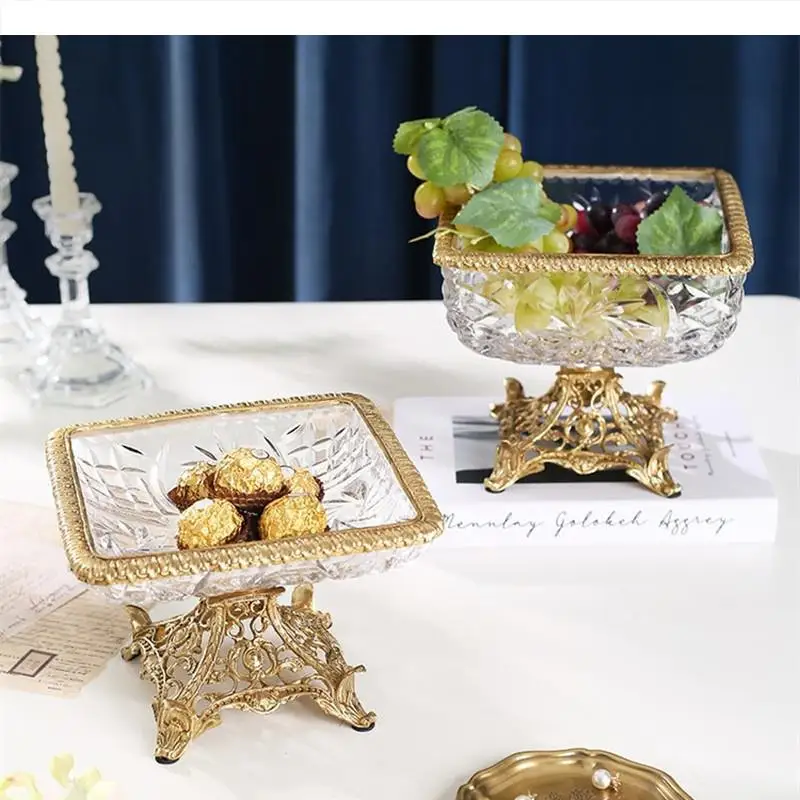 Brass Crystal Glass Fruit Plate Bowl Storage Tray Candy Snack Dish Decorative Cake Pan Dessert