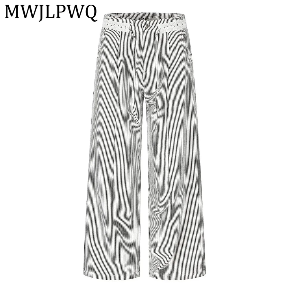 

MWJLPWQ Vertical Striped Loose-Fit Men's Straight Pants Versatile Vibe Street Style Drawstring Simple Wide-Leg Trousers 16025
